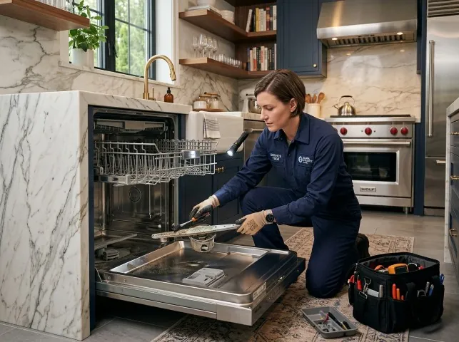 Appliance Repair Hero technician servicing a built-in dishwasher in a Bramwell, WV kitchen