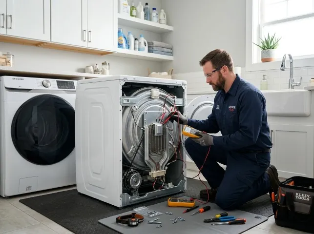 Appliance Repair Hero technician checking a dryer heating element with the rear panel off in Bramwell, WV