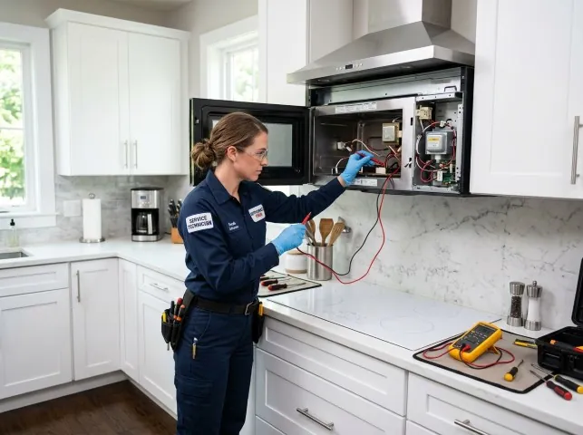 Appliance Repair Hero technician testing an over-the-range microwave in a Bramwell, WV kitchen