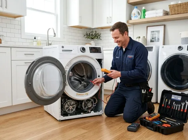 Appliance Repair Hero technician testing a front-load washer with a multimeter on a Bramwell, WV service call